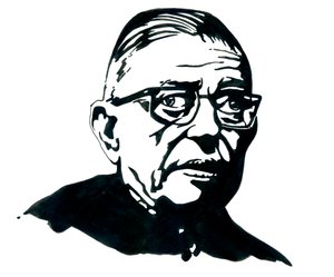 Portret van de Franse schrijver, filosoof en toneelschrijver Jean-Paul Sartre Tekening door Alessandro Lonati