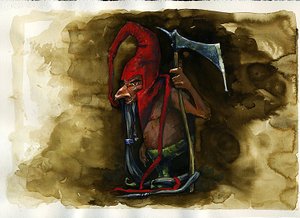 Representatie van een Rode Muts (Red cap, powrie of dunter, Red-Bonnet) legendarisch kwaadaardig wezen van de Goblin familie uit de Britse folklore Illustratie door Alessandro Lonati door Alessandro Lonati