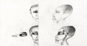 Sciencefiction illustratie: studie van het gezicht van een buitenaards wezen van de planeet Mars door Alessandro Lonati