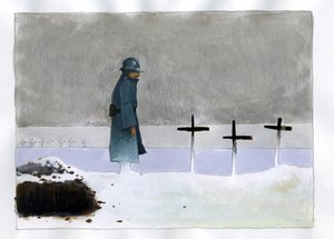 Eerste Wereldoorlog: een Franse soldaat bij een oorlogsgraf kijkt naar de kruisen