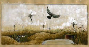 Eerste Wereldoorlog: een passagiersduif die een bericht draagt, wordt beschoten door een Duitse soldaat in een loopgraaf die probeert een bericht te onderscheppen 1914-1918