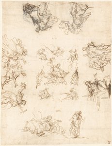 Een plafond met compartimenten met allegorieën en mythen