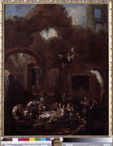 Kapucijner monniken aan tafel tussen de ruïnes door Alessandro Magnasco