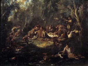 Scène van monastiek leven Monniken ontbijten, bidden en lezen in een kreupelhout. Schilderij door Alessandro Magnasco