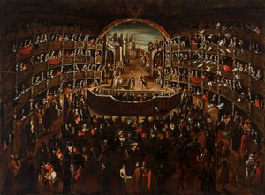 Het theater, met een scène uit de opera "Bernice Vendicativa" op het podium