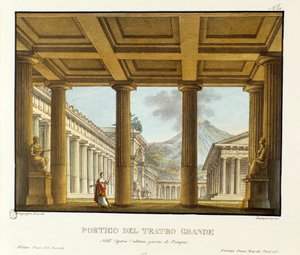 Portiek van het Grand Theatre in Pompeii, op de achtergrond de Vesuvius Scenografie voor de opera L