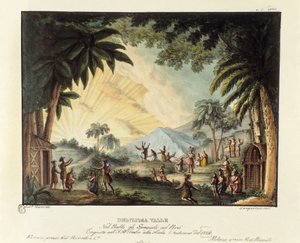 Uitzicht op een heerlijke vallei ten tijde van de verovering van de Nieuwe Wereld door de Spanjaarden Scenografie voor het ballet Gli spagnoli nel Peru door Giovanni Galzerani (1828)