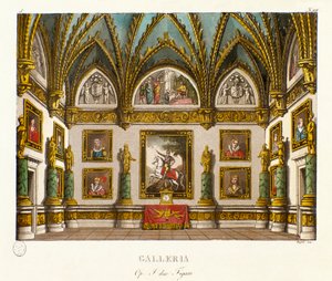 Zicht op de galerij versierd met schilderijen - Scenografie voor de opera 