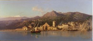 Uitzicht op Taormina, Sicilië, met de Etna op de achtergrond, 1868 door Alessandro la Volpe