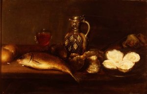 Een ontbijt stilleven met een steengoed kruik, vis en oesters