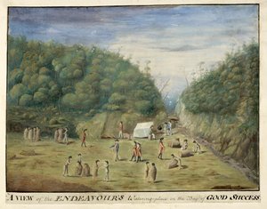 Een uitzicht op de waterplaats van de Endeavour in de Baai van Goede Succes, Tierra del Fuego, met inboorlingen, januari 1769