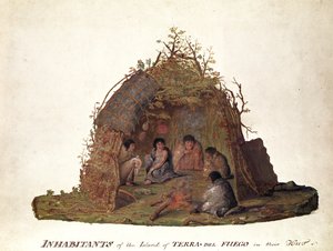 Inwoners van het eiland Terra del Fuego in hun hut door Alexander Buchan