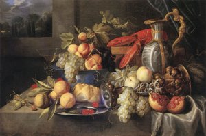 Fruitstilleven met kreeft en brood, vergulde columbine beker, Nederlandse faience kan, tinnen bord en Venetiaans gevleugeld glas.