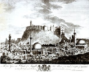 Een uitzicht op de stad en het kasteel van Aleppo, Syrië, 1754