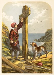 Robinson Crusoe plaatst een paal aan de kust door Alexander Francis Lydon
