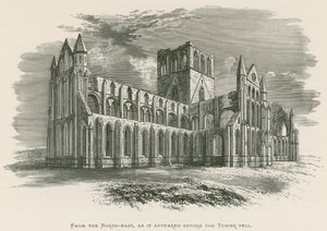 Whitby Abbey, vanuit het noordoosten, zoals het verscheen voordat de toren viel