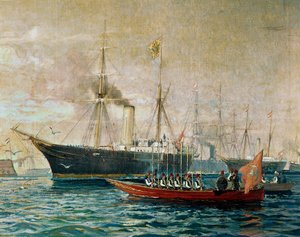 Aankomst van keizer Frans Jozef I aan boord van zijn HMS Greif in Port Said, voor de opening van het Suezkanaal ... (schilderij op doek)