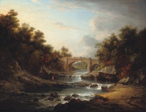 Uitzicht op de rivier Almond, nabij Edinburgh, met Almondell Bridge en een visser