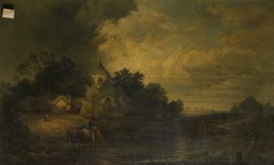 Romantisch landschap met drinkende paarden