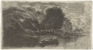 Gezicht op de linkeroever van de Maas met café De Rode Haan