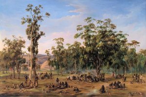 Een Aboriginal kampement, nabij de Adelaide heuvels