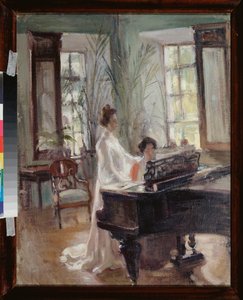 In een ontvangstruimte - Twee vrouwen maken muziek, zingen en spelen piano - Werk van Alexander Valentinovich Sredin door Alexander Sredin