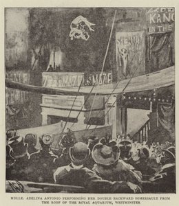 Mademoiselle Adelina Antonio voert haar dubbele achterwaartse salto uit vanaf het dak van het Royal Aquarium, Westminster door Alexander Stuart Boyd