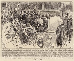 De schandelijke scène in het Lagerhuis, het uitzetten van weerspannige Ierse leden