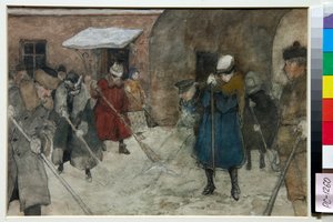 Mensen vegen sneeuw in een straat in de winter door Alexander Vakhrameyev