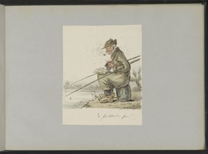 Man die vist, breit, rookt en leest aan een waterkant door Alexander Ver Huell