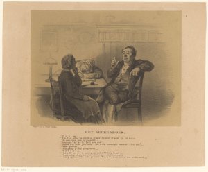 Man en vrouwen aan tafel, Het keukenboek (titel op object) door Alexander Ver Huell