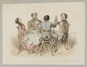 Vier figuren die een toost uitbrengen aan een tafel
