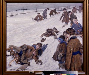 Wintersporten. Scène van sleeën in een besneeuwd veld, kinderen warm gekleed, hebben plezier en lachen uitbundig. Schilderij van Alexander Viktorovich Moravov door Alexander Viktorovich Moravov