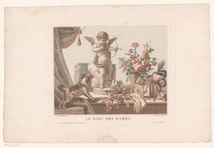 Stilleven op een tafel met een hond en een standbeeld van Cupido