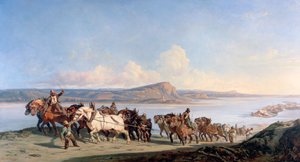 Bevestiging van paarden die boten langs de Rhône trekken, ca. 1825-1870 door Alexandre Dubuisson
