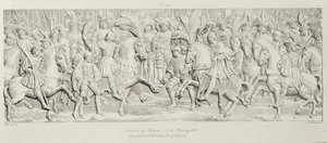 Ontmoeting van François I en Hendrik VIII op het Veld van het Gouden Laken, naar het gebeeldhouwde stenen reliëf in het Hotel de Bourgtheroulde, Rouen, Normandië, 1501-37, gegraveerd door Godefroy Engelmann
