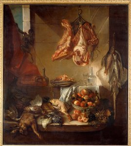Een keukeninterieur stilleven van wild, fruit en vlees. Schilderij door François Desportes (1661-1743) 18e eeuw. Châlons-en-Champagne, Musée des Beaux-Arts door Alexandre Francois Desportes