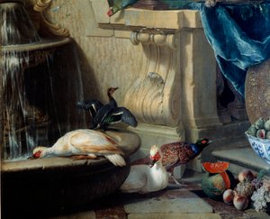 Eenden, fazant, fruit bij een fontein (detail). Schilderij door Francois Desportes (1661-1743) 18e eeuw Lyon, Musee des Beaux Arts door Alexandre Francois Desportes