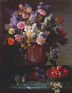Bloemen in een Gesneden Urn met een Kom Wilde Aardbeien en Haas op een Richel, 1715