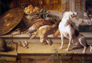 Stilleven Jachthond, wild (haas, fazant, patrijs) (detail) Schilderij door Francois Desportes (1661-1743) 18e eeuw Gien, jachtmuseum