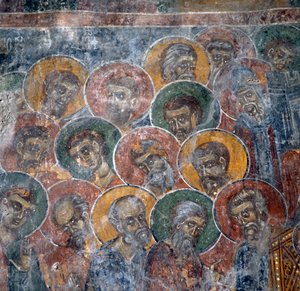 Groep heiligen, fresco in kerk in Anisaraki nabij Kandanos, Kreta, Griekenland door Nicolas Toussaint Charlet