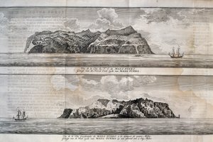 Uitzicht op Alejandro Selkirk Island of Mas Afuera Island, Juan Fernandez Archipel, Chili, gravure door Nicolas Toussaint Charlet