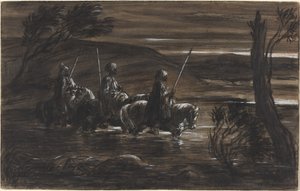 Drie Arabische ruiters die een rivier oversteken door Alexandre Gabriel Decamps
