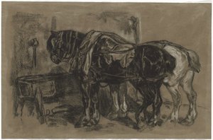 Twee Trekpaarden door Alexandre Gabriel Decamps