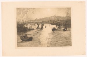 Haven met zonsondergang door Alexandre Lunois (signed by artist)