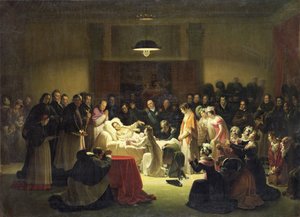 De Laatste Momenten van Charles-Ferdinand van Frankrijk (1778-1820) in de Administratiekamer van de Opera van Parijs, 14 februari 1820, ca. 1828 door Alexandre Menjaud