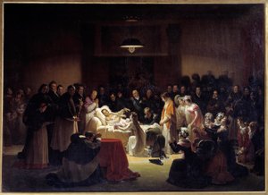 De laatste momenten van de hertog van Berry bij de Parijse Opera omringd door Lodewijk XVIII en de koninklijke familie door Alexandre Menjaud