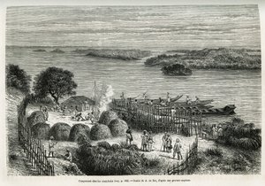 Kamp versterkt de expeditie om zichzelf te beschermen tegen de kannibalen Mouana Ntaba, nabij de rivier Leopold (Congo), tekening door A. De Bar, ter illustratie van het verhaal 