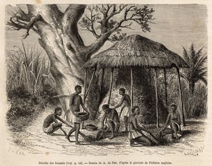 Het verzamelen van de mieren, een strooien dak wordt boven de mier geplaatst, de gevleugelden vliegen weg en botsen tegen dit dak, bedwelmd worden ze dan opgeveegd en verzameld in grote manden om gefrituurd te worden, geëtst naar een tekening van A.de Bar,