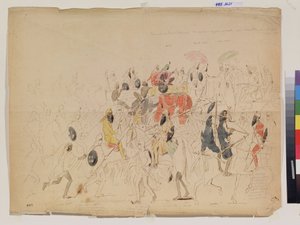 De ontmoeting van maharadja Sher Singh (1807-1843) van Punjab (India) en de Britse ambassadeur Clark (?) in 1842